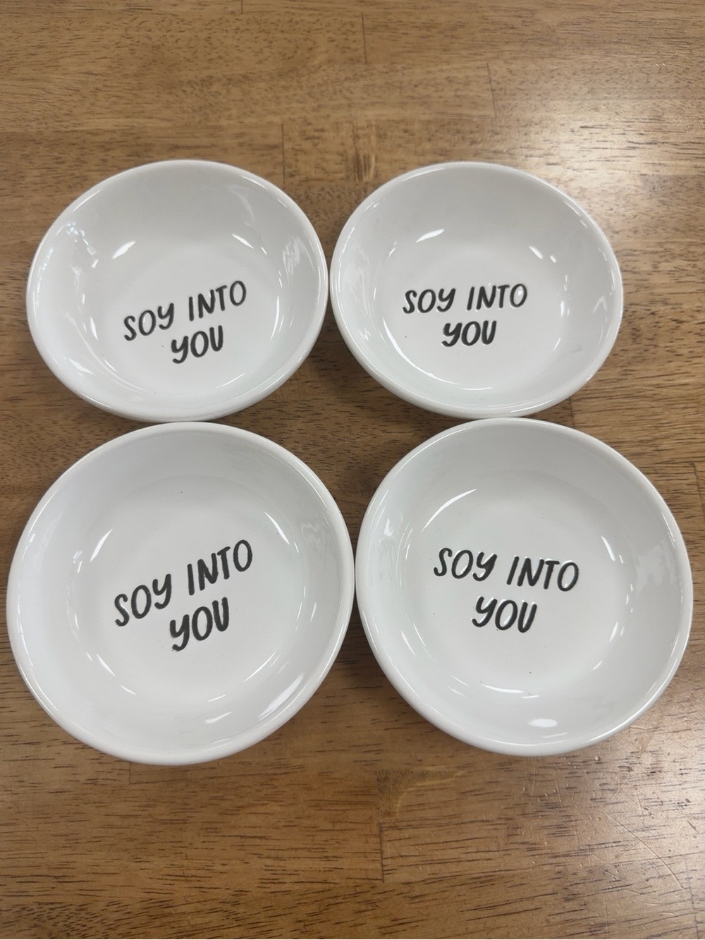 White Ceramic Dipping Bowls - 'Soy Into You' (Set of 4)